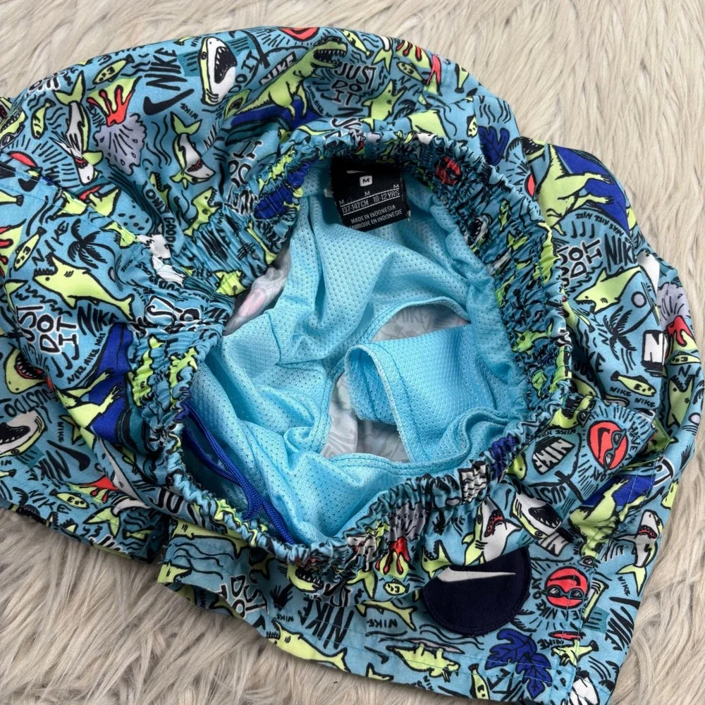 Nike Boy's M Blue Shark Print Swim Trunks Shorts Mesh Liner